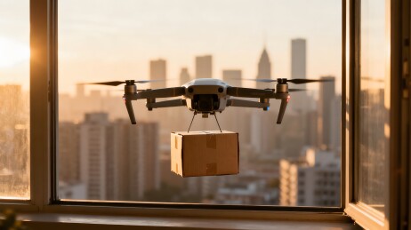 无人机窗外送货城市黄昏