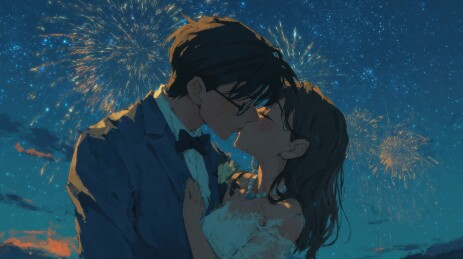 情侣在烟花下亲吻