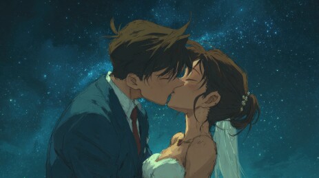 星空下情侣亲吻的瞬间