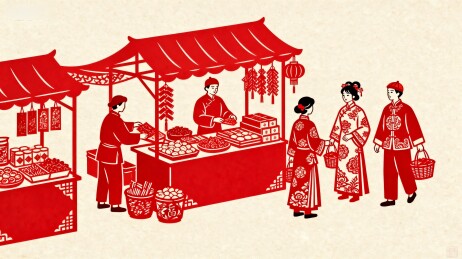 传统集市热闹场景人物服饰