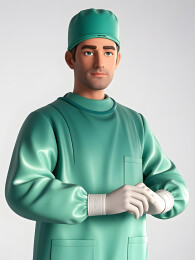 穿绿手术服戴帽男医生双手交握展示