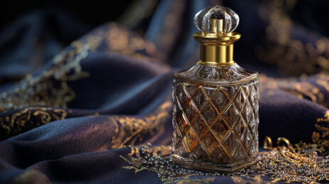 蓝色丝绸上的复古高档奢华香水瓶