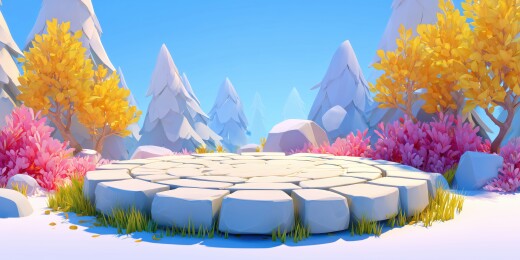 秋天山谷树林圆型石块展台3D卡通立体背景