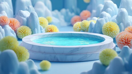山谷树林间石质水池温泉3D卡通立体背景