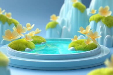 山谷树林间石质水池温泉3D卡通立体背景