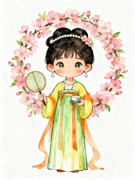 少女手持团扇饮茶