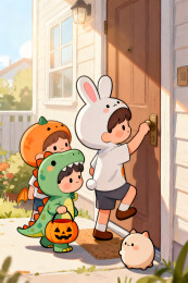 万圣节儿童恐龙兔子服饰门前捣蛋场景