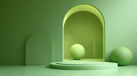 绿色几何空间中的球体与拱门