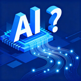 蓝色背景里的线条AI芯片和疑问号