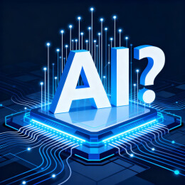 蓝色背景里的线条AI芯片和疑问号