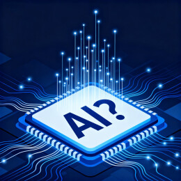 蓝色背景里的线条AI芯片和疑问号