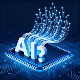 蓝色背景里的线条AI芯片和疑问号