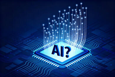 蓝色背景里的线条AI芯片和疑问号