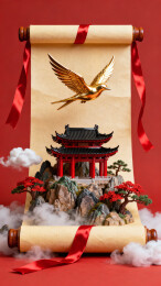 国风山水画立体卷轴