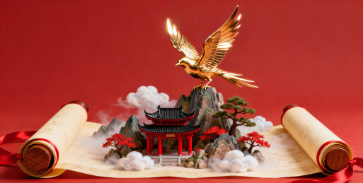 国风山水画立体卷轴