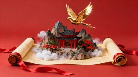 国风山水画立体卷轴