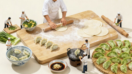 微缩景观厨师制作饺子场景