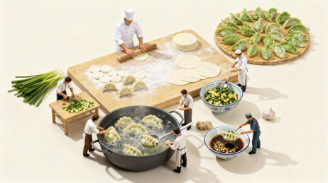 微缩景观厨师制作饺子场景