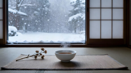 日式窗内雪景与茶盏的静谧冬日室内画面