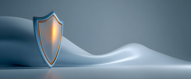 盾牌图标置于流动的曲线背景中