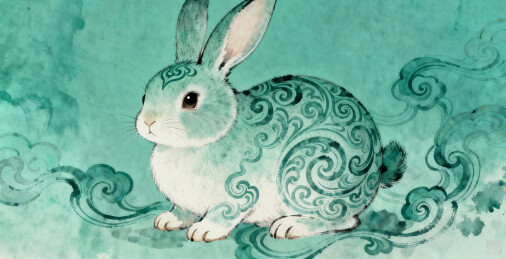 青色卷云纹兔子插画