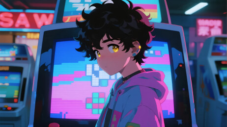 戴着耳环的少年在游戏机前