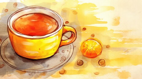 一杯茶和橘子绘画