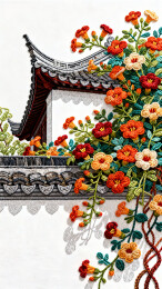 中式建筑白墙黛瓦与凌宵花刺绣