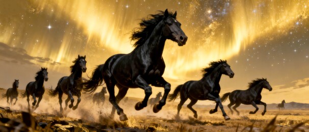 骏马群红金调月夜奔马场景