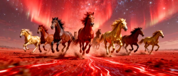 骏马群红金调月夜奔马场景