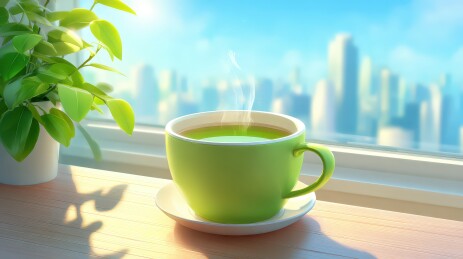 窗边绿杯热气腾腾