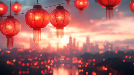 红灯笼悬挂在古典建筑的屋檐下