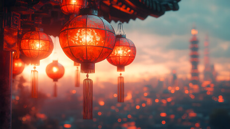 红灯笼悬挂在古典建筑的屋檐下