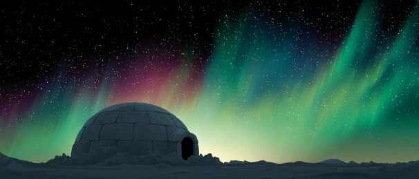 梦幻北极光下的冰雪小屋