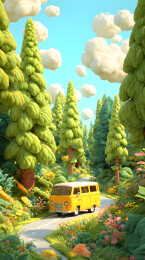 卡通森林黄巴士行驶插画