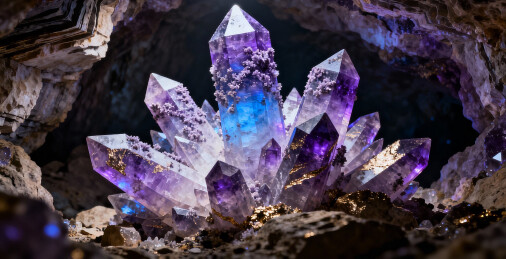 紫色水晶簇在洞穴中发光