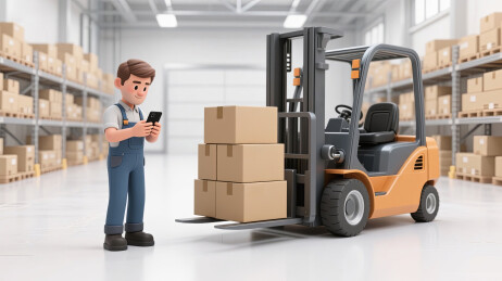 现代仓库叉车货物前的工人