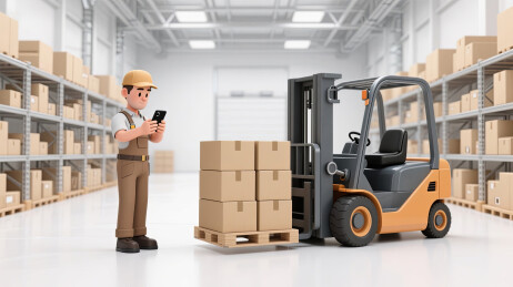 现代仓库叉车货物前的工人