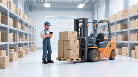 现代仓库叉车货物前的工人