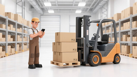 现代仓库叉车货物前的工人