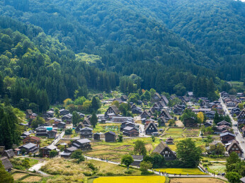 日本岐阜白川乡秋季的自然风光和特色木屋