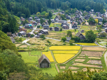 日本岐阜白川乡秋季的自然风光和特色木屋