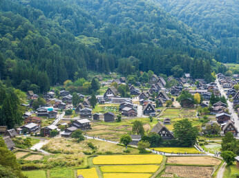 日本岐阜白川乡秋季的自然风光和特色木屋