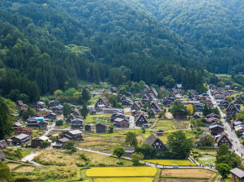 日本岐阜白川乡秋季的自然风光和特色木屋