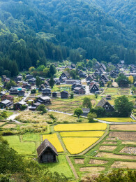 日本岐阜白川乡秋季的自然风光和特色木屋