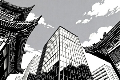 传统与现代建筑对比黑白插画