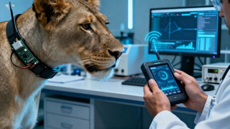 狮子佩戴科技项圈进行监测