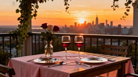 夕阳晚餐桌景城市天际线