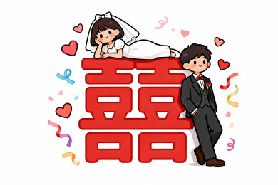 卡通新婚夫妻与囍字