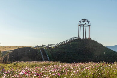 内蒙古黑山头湿地夕阳下的木栈道与观景台